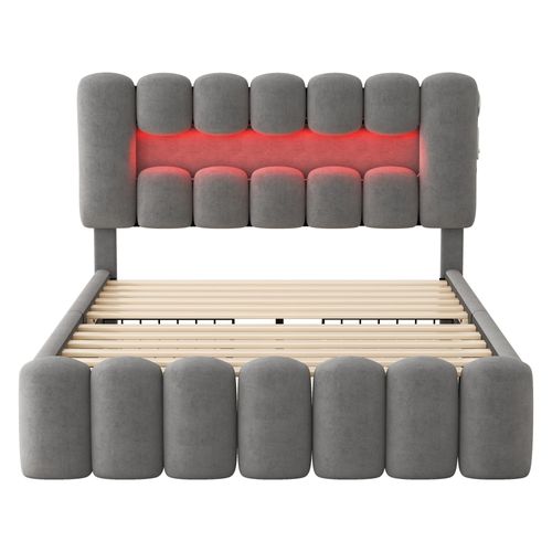 Lit Rembourré 140x200cm-lit Double Avec 4 Tiroirs-éclairage LED Avec USB Et Système Stéréo-gris