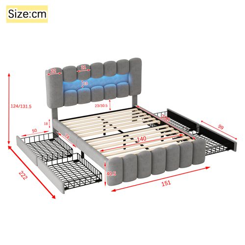 Lit Rembourré 140x200cm-lit Double Avec 4 Tiroirs-éclairage LED Avec USB Et Système Stéréo-gris