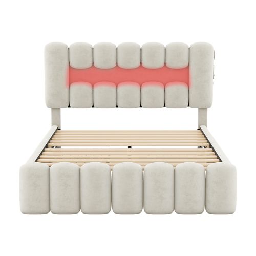 Lit Rembourré 160x200cm-lit Double Avec 4 Tiroirs-éclairage LED Avec USB Et Système Stéréo-beige