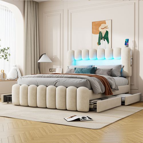 Lit Rembourré 160x200cm-lit Double Avec 4 Tiroirs-éclairage LED Avec USB Et Système Stéréo-beige