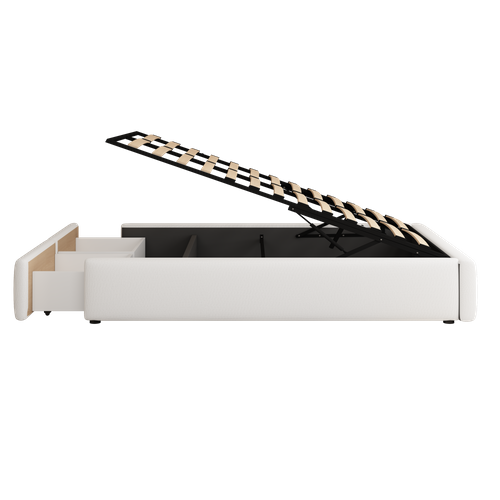 Lit Plateforme 140*200cm Sans Tête De Lit-avec Rangement Hydraulique Et 2 Tiroirs-blanc