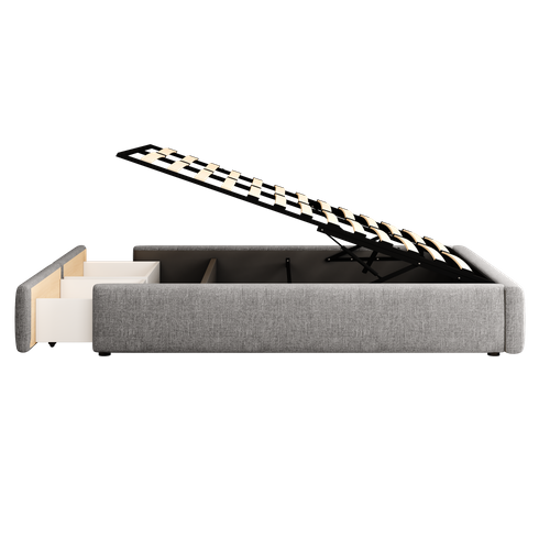 Lit Plateforme 140*200cm Sans Tête De Lit-avec Rangement Hydraulique Et 2 Tiroirs-gris