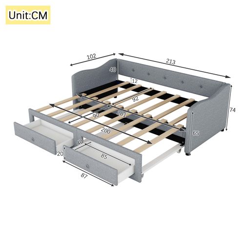 Lit Gigogne 90x200 Cm - Avec 2 Tiroirs - Gris