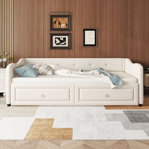 Lit Gigogne 90x200 Cm - Avec 2 Tiroirs - Beige