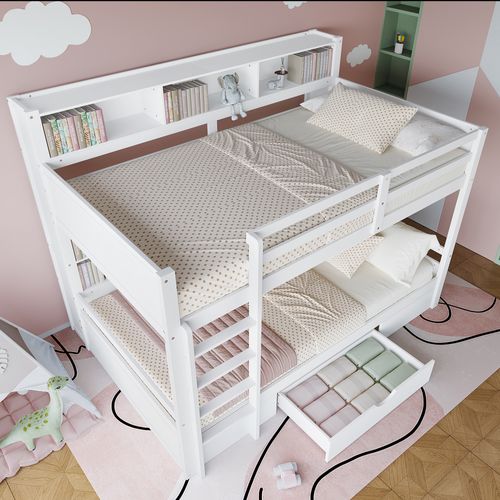 Lit Superposé 90x200 Cm - Avec Tiroirs - Blanc