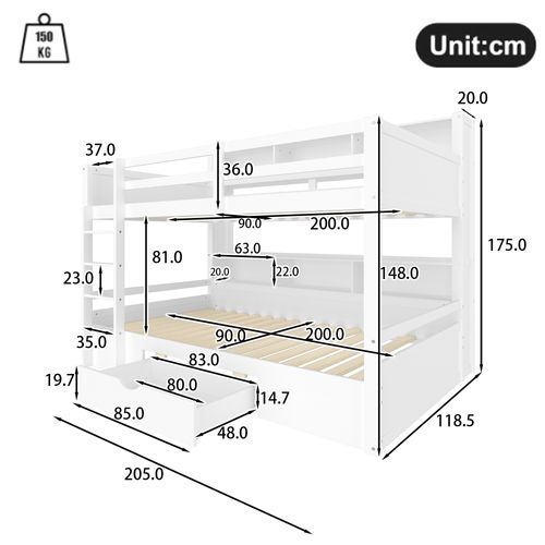 Lit Superposé 90x200 Cm - Avec Tiroirs - Blanc