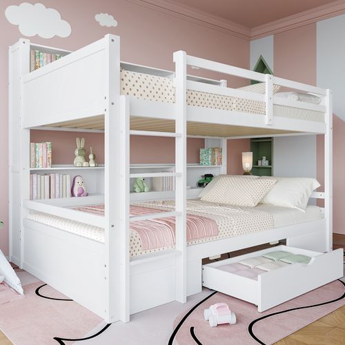 Lit Superposé 90x200 Cm - Avec Tiroirs - Blanc