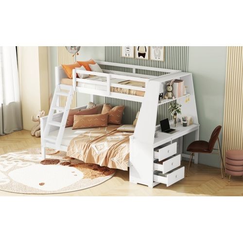 Lit Superposé 90*200cm+140*200cm-lit Enfant-équipé D'une Table-grand Espace De Rangement-blanc