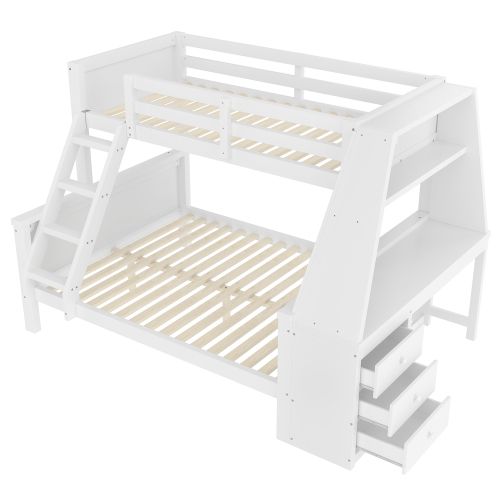 Lit Superposé 90*200cm+140*200cm-lit Enfant-équipé D'une Table-grand Espace De Rangement-blanc