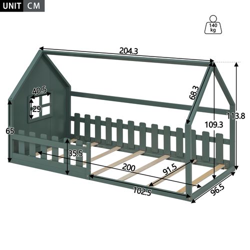 Lit Plat 90*200cm-lit Cabane -lit Enfant-barrière De Sécurité-vert