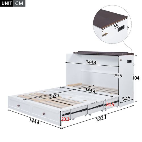 Lit Mobile 140x200cm Avec Tiroirs-une Étagère En Tête De Lit-avec USB Et Prise De Courant-blanc