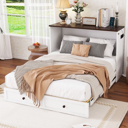 Lit Mobile 140x200cm Avec Tiroirs-une Étagère En Tête De Lit-avec USB Et Prise De Courant-blanc