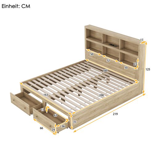 Lit Double 160x200 Cm - Avec 2 Tiroirs - Bois