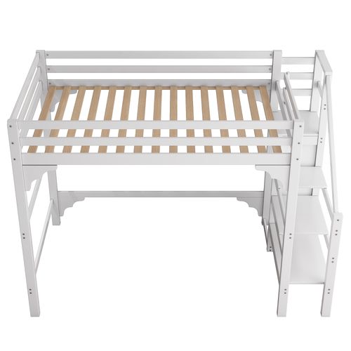 Lit Mezzanine 140 X 200 Cm-avec Escalier-penderie-en Pin-lit Enfant Et Rangements-blanc