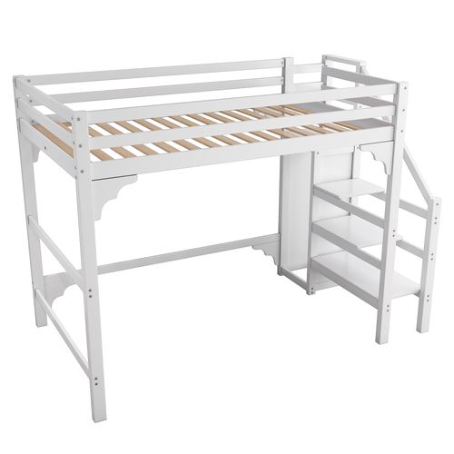 Lit Mezzanine 140 X 200 Cm-avec Escalier-penderie-en Pin-lit Enfant Et Rangements-blanc