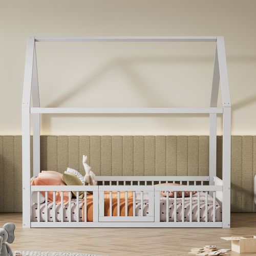 Lit Cabane 140*200cm-lit Doubl En Bois Massif-lit Plat-avec Porte-blanc