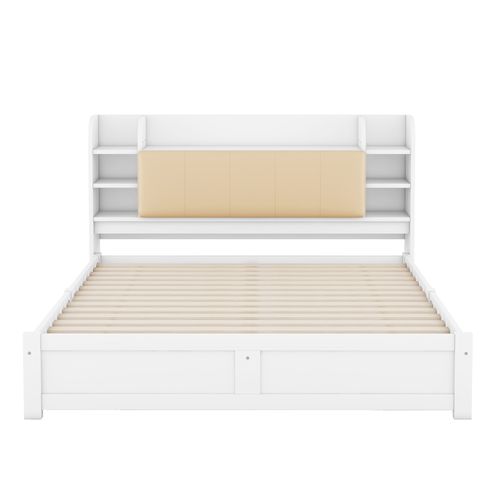 Lit Plat 180*200cm-tête De Lit Partiellement Rabattable-lit Double Avec Quatre Tiroirs-blanc