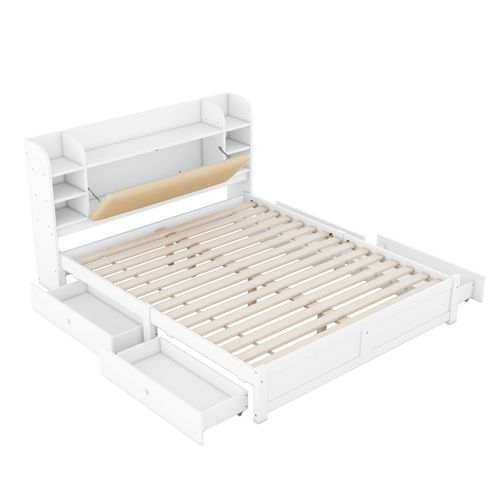 Lit Plat 180*200cm-tête De Lit Partiellement Rabattable-lit Double Avec Quatre Tiroirs-blanc