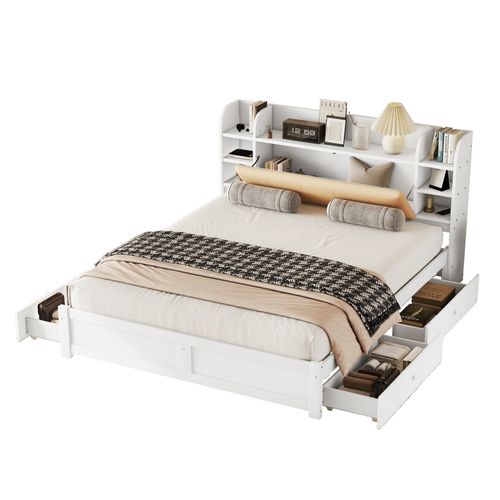 Lit Plat 180*200cm-tête De Lit Partiellement Rabattable-lit Double Avec Quatre Tiroirs-blanc