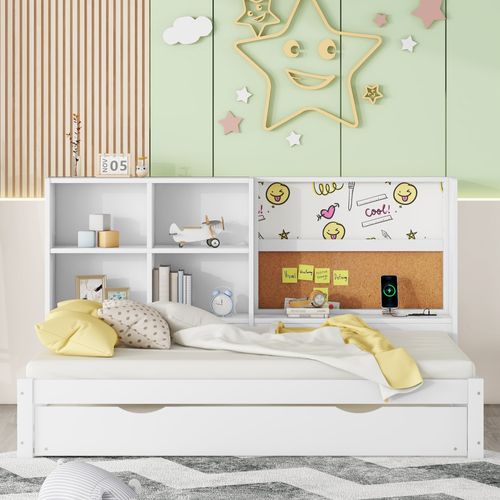 Lit Gigogne 90 X 200 Cm-port De Chargement USB-rangements Multiples-blanc