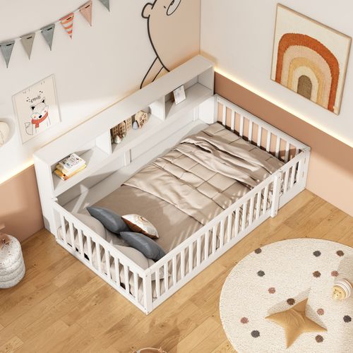 Lit Enfant 90*200cm-chevet Avec Compartiment De Rangement-garde-corps- Pinède-blanc