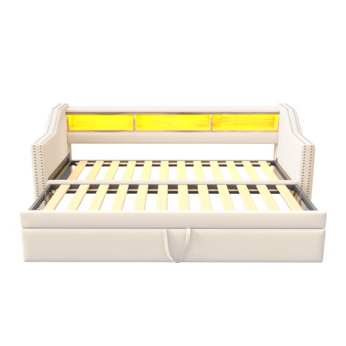 Lit Gigogne 90/180x190cm-rangement Multifonctionnel-éclairage LED Et Port USB-beige