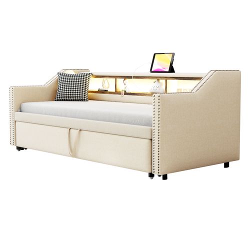 Lit Gigogne 90/180x190cm-rangement Multifonctionnel-éclairage LED Et Port USB-beige