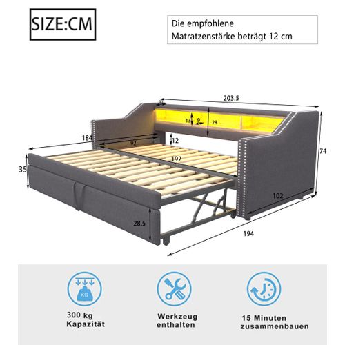 Lit Gigogne 90/180x190cm-rangement Multifonctionnel-led Et Port USB-gris Foncé