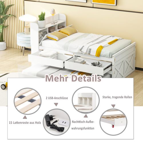 Lit Gigogne 90x190cm-table De Chevet Avec Étagères Avec Prise USB-en Bois Massif De Pin-blanc
