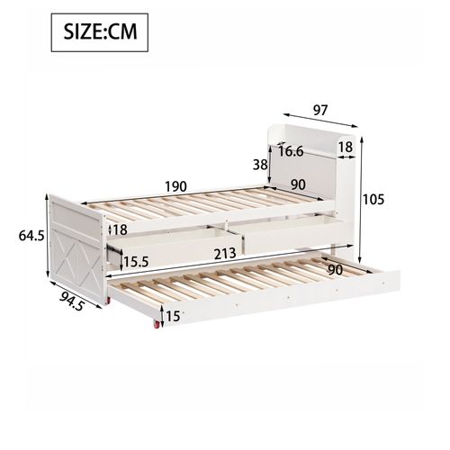 Lit Gigogne 90x190cm-table De Chevet Avec Étagères Avec Prise USB-en Bois Massif De Pin-blanc
