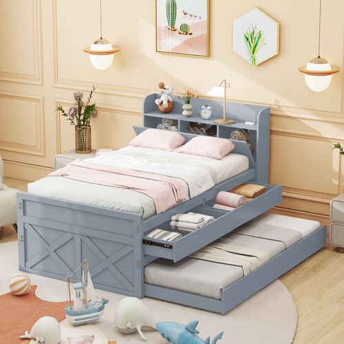 Lit Gigogne 90x190cm-table De Chevet Avec Étagères Avec Prise USB-en Bois Massif De Pin-gris