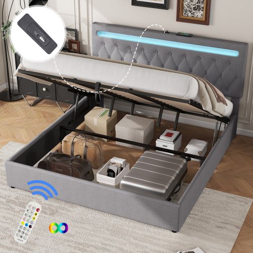 Lit Rembourré 180*200cm-lit Double-système Hydraulique-port USB- Gris