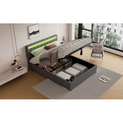 Lit Double 160x200cm-lit Rembourré-prise USB Et Type-c Près Du Lit-grand Espace De Rangement-gris