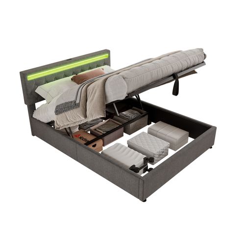 Lit Double 160x200cm-lit Rembourré-prise USB Et Type-c Près Du Lit-grand Espace De Rangement-gris