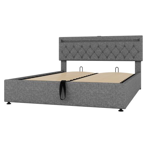 Lit Double 160x200cm-lit Rembourré-prise USB Et Type-c Près Du Lit-grand Espace De Rangement-gris