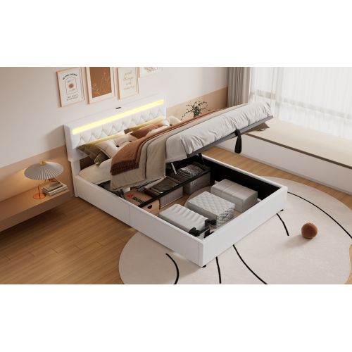 Lit Double 160x200cm-lit Rembourré-prise USB Et Type-c Près Du Lit-grand Espace De Rangement-blanc