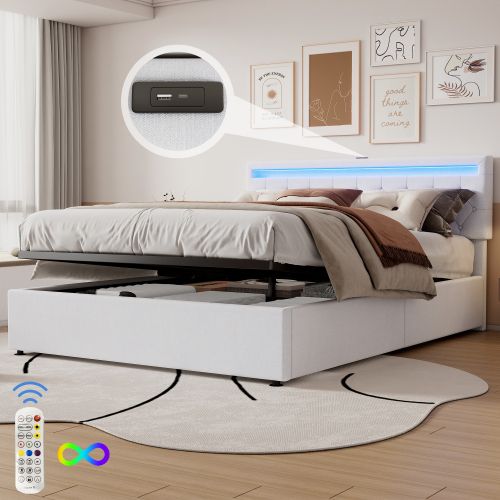 Lit Double 160x200cm-lit Rembourré-prise USB Et Type-c Près Du Lit-grand Espace De Rangement-blanc