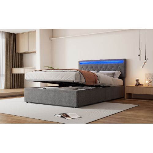 Lit Double 140x200cm-lit Rembourré-prise USB Et Type-c Près Du Lit-grand Espace De Rangement-gris