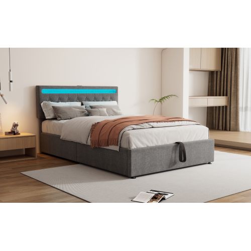 Lit Double 140x200cm-lit Rembourré-prise USB Et Type-c Près Du Lit-grand Espace De Rangement-gris
