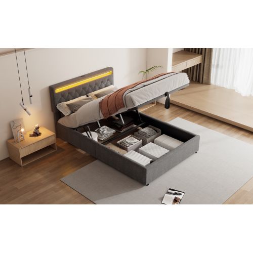 Lit Double 140x200cm-lit Rembourré-prise USB Et Type-c Près Du Lit-grand Espace De Rangement-gris