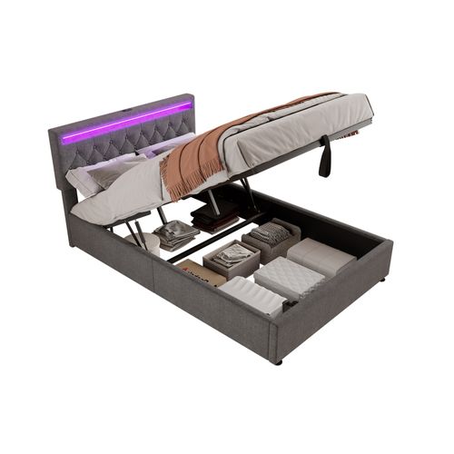 Lit Double 140x200cm-lit Rembourré-prise USB Et Type-c Près Du Lit-grand Espace De Rangement-gris