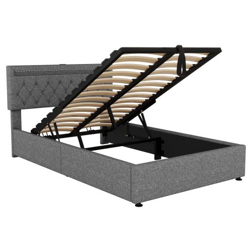 Lit Double 140x200cm-lit Rembourré-prise USB Et Type-c Près Du Lit-grand Espace De Rangement-gris