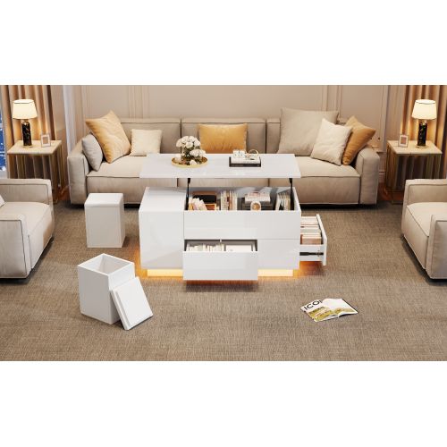 Table Basse LED 4 En 1 100 X 50 X 45 Cm-avec 2 Tiroirs-brillance Avec 2 Tabourets-blanc