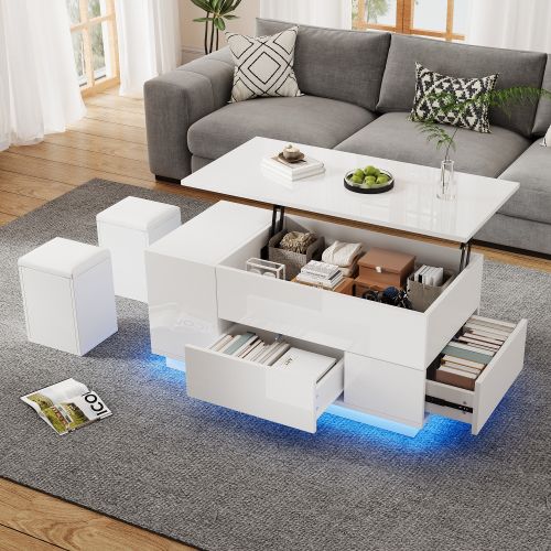 Table Basse LED 4 En 1 100 X 50 X 45 Cm-avec 2 Tiroirs-brillance Avec 2 Tabourets-blanc