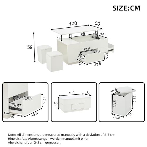 Table Basse LED 4 En 1 100 X 50 X 45 Cm-avec 2 Tiroirs-brillance Avec 2 Tabourets-blanc