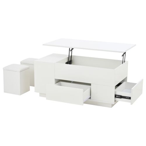 Table Basse LED 4 En 1 100 X 50 X 45 Cm-avec 2 Tiroirs-brillance Avec 2 Tabourets-blanc