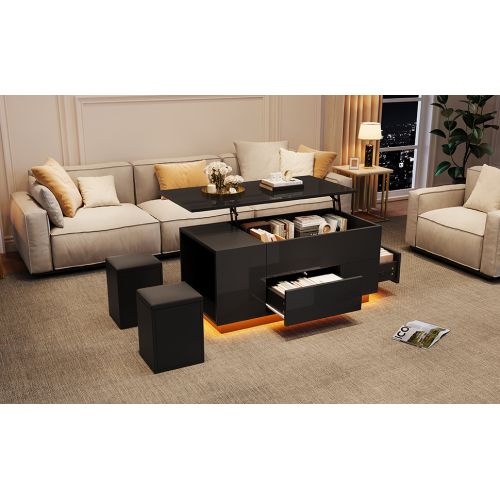 Table Basse LED 4 En 1 100 X 50 X 45 Cm-avec 2 Tiroirs-brillance Avec 2 Tabourets