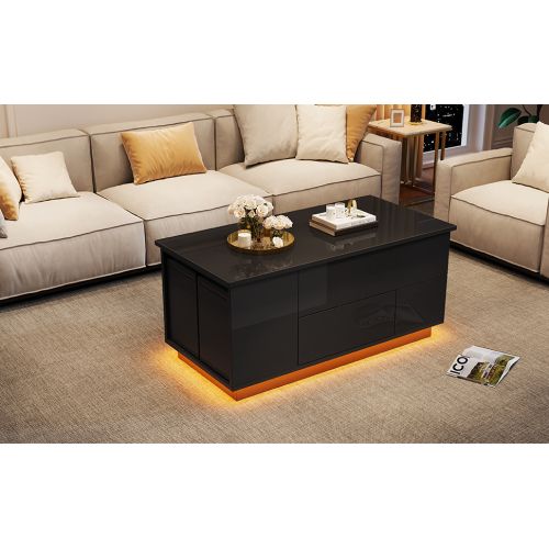 Table Basse LED 4 En 1 100 X 50 X 45 Cm-avec 2 Tiroirs-brillance Avec 2 Tabourets
