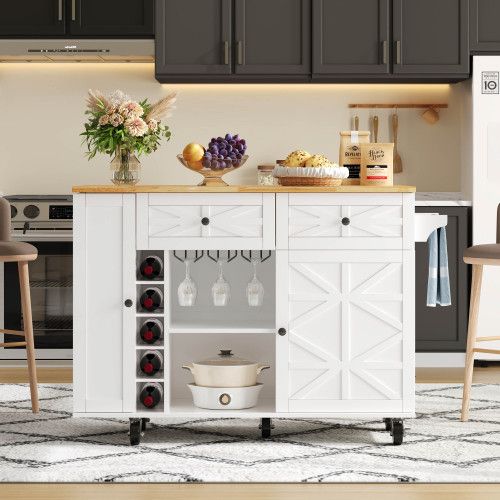 Îlot Central Cuisine Avec Plan De Travail Rabattable-un Casier à Vin-avec Roulettes Pivotantes-blanc