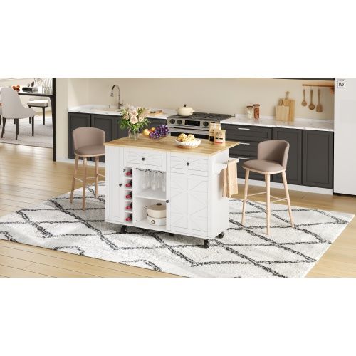 Îlot Central Cuisine Avec Plan De Travail Rabattable-un Casier à Vin-avec Roulettes Pivotantes-blanc